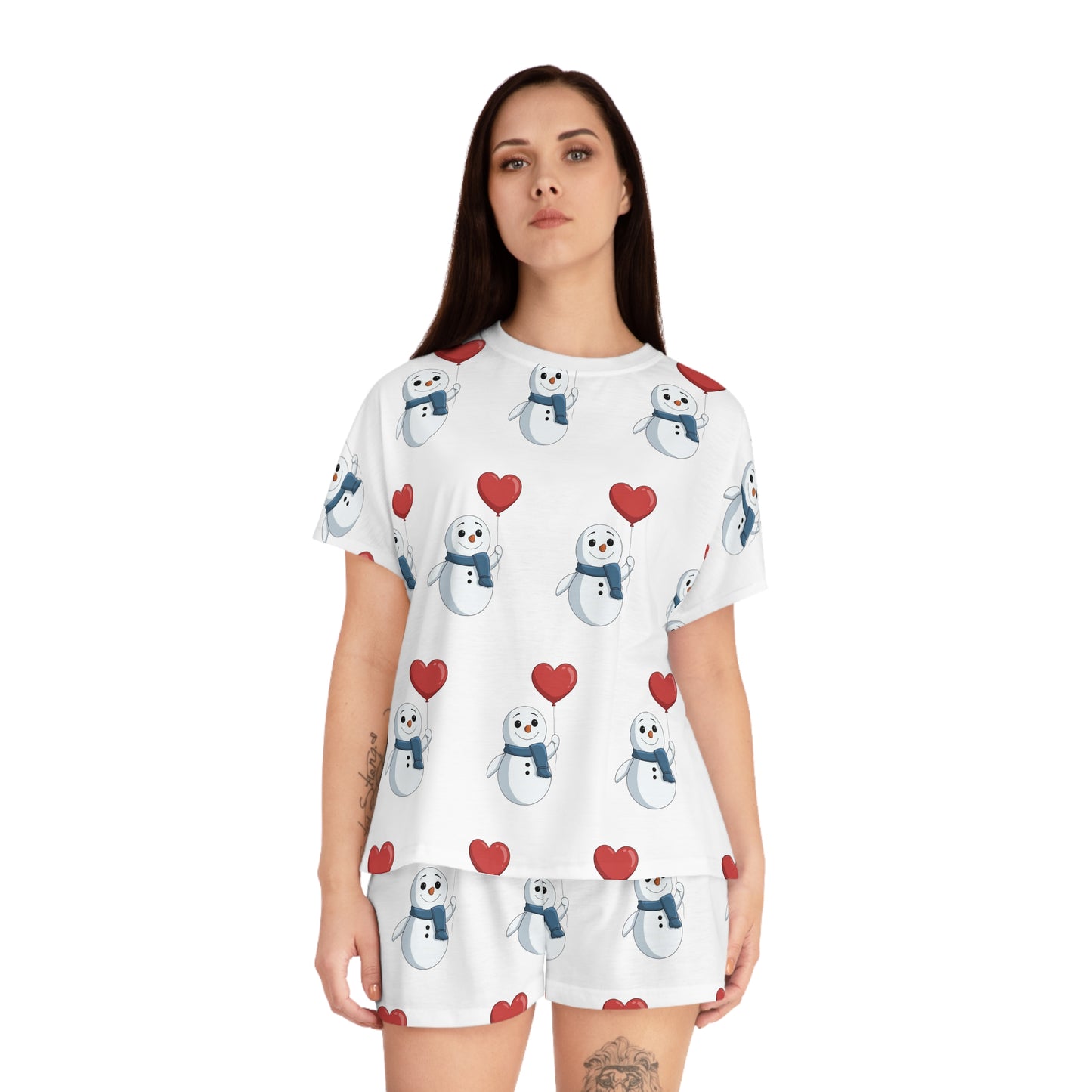 "Heart Balloon" Snowman Pattern Pajama Set | Soft Polyester Loungewear
