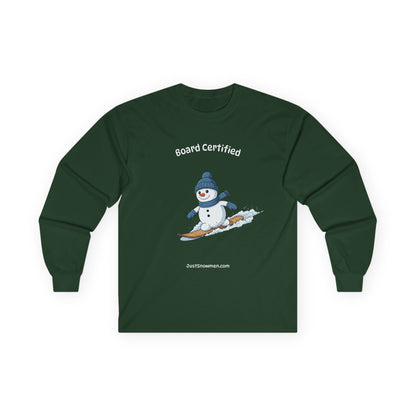 "Board Certified" Snowman Snowboarding Long Sleeve | 100% Cotton Sports Shirt