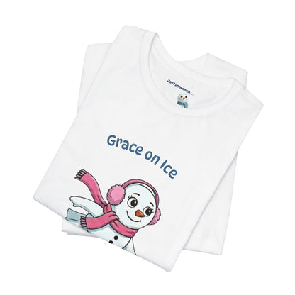 "Grace on Ice" Snowman Girl Figure Skating Graphic Tee | Soft Cotton T-Shirt