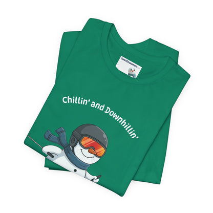 "Chillin' and Downhillin'" Snowman Skiing Graphic Tee | Soft Cotton T-Shirt