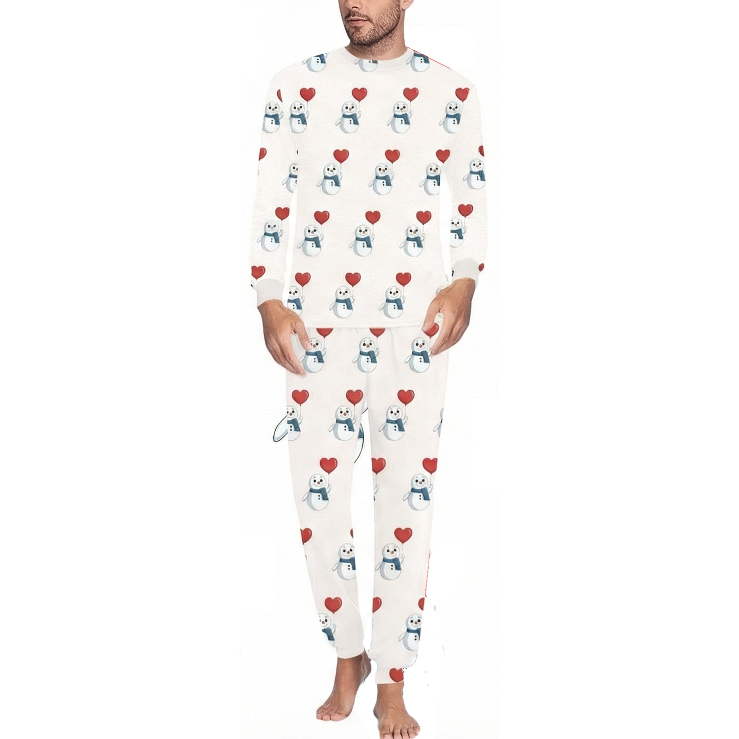 "Snowman & Heart" Men's Pajama Set | Soft Polyester Long Sleeve Sleepwear
