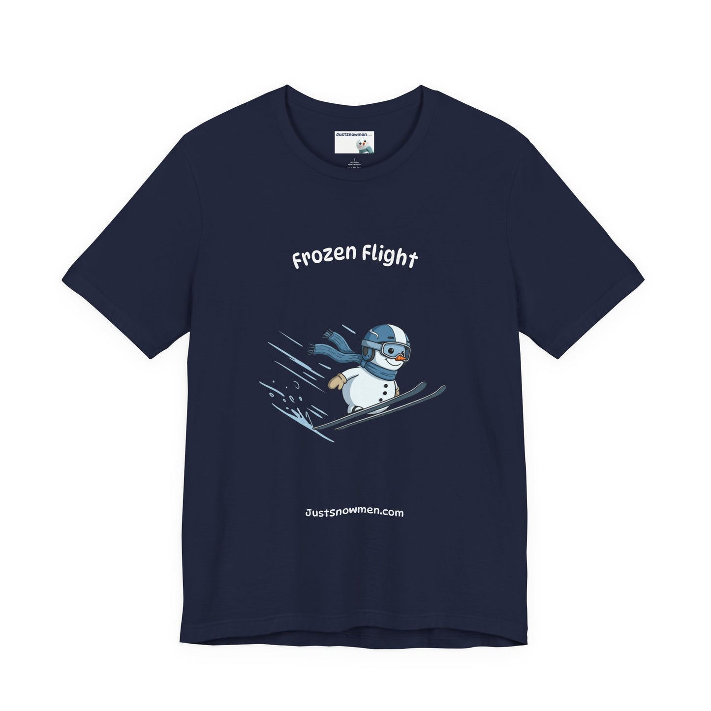 "Frozen Flight" Snowman Ski Jump Graphic Tee | Soft Cotton T-Shirt