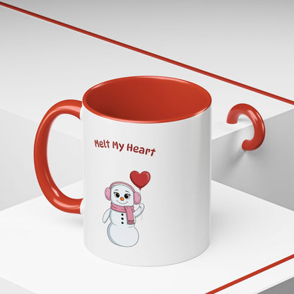 "Melt My Heart" Snowman Girl Mug | Ceramic Coffee Cup with Color Accent